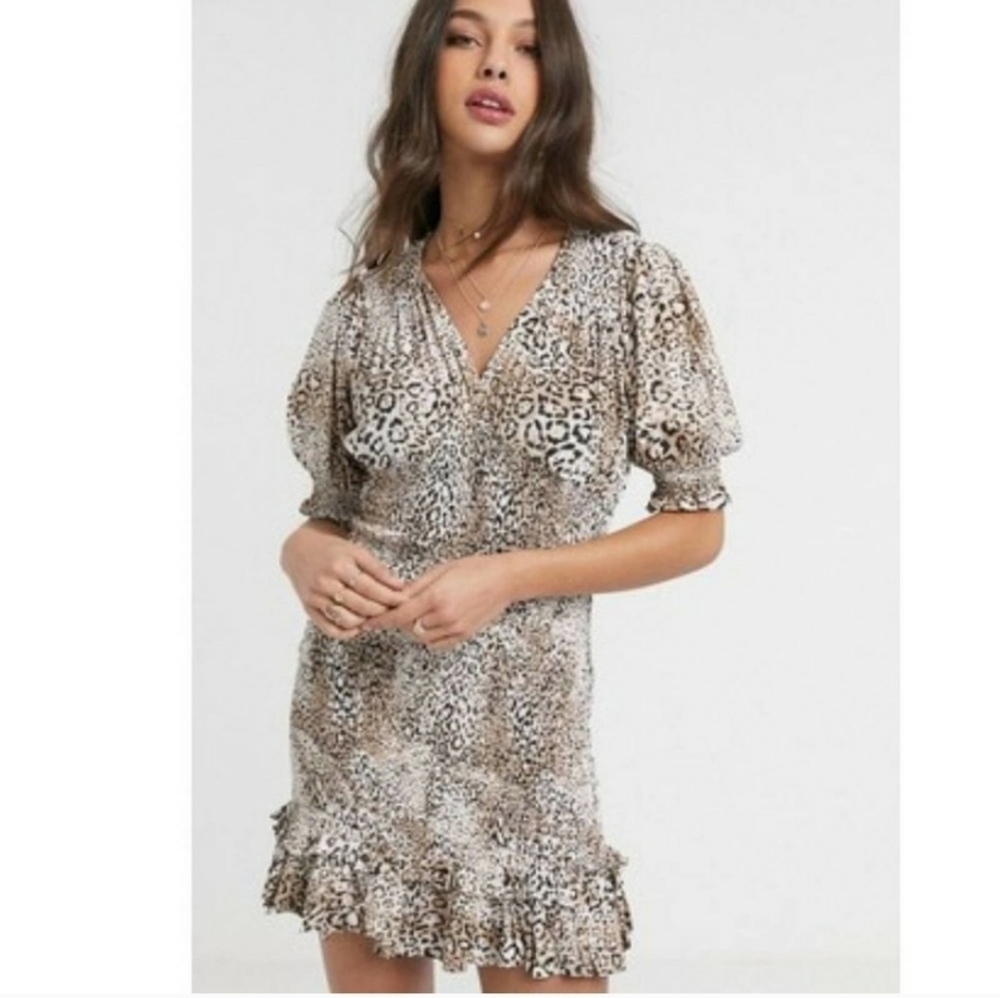 Faithfull the Brand Margarita Mini Dress Leopard Print Smocked Puff Sleeve XS